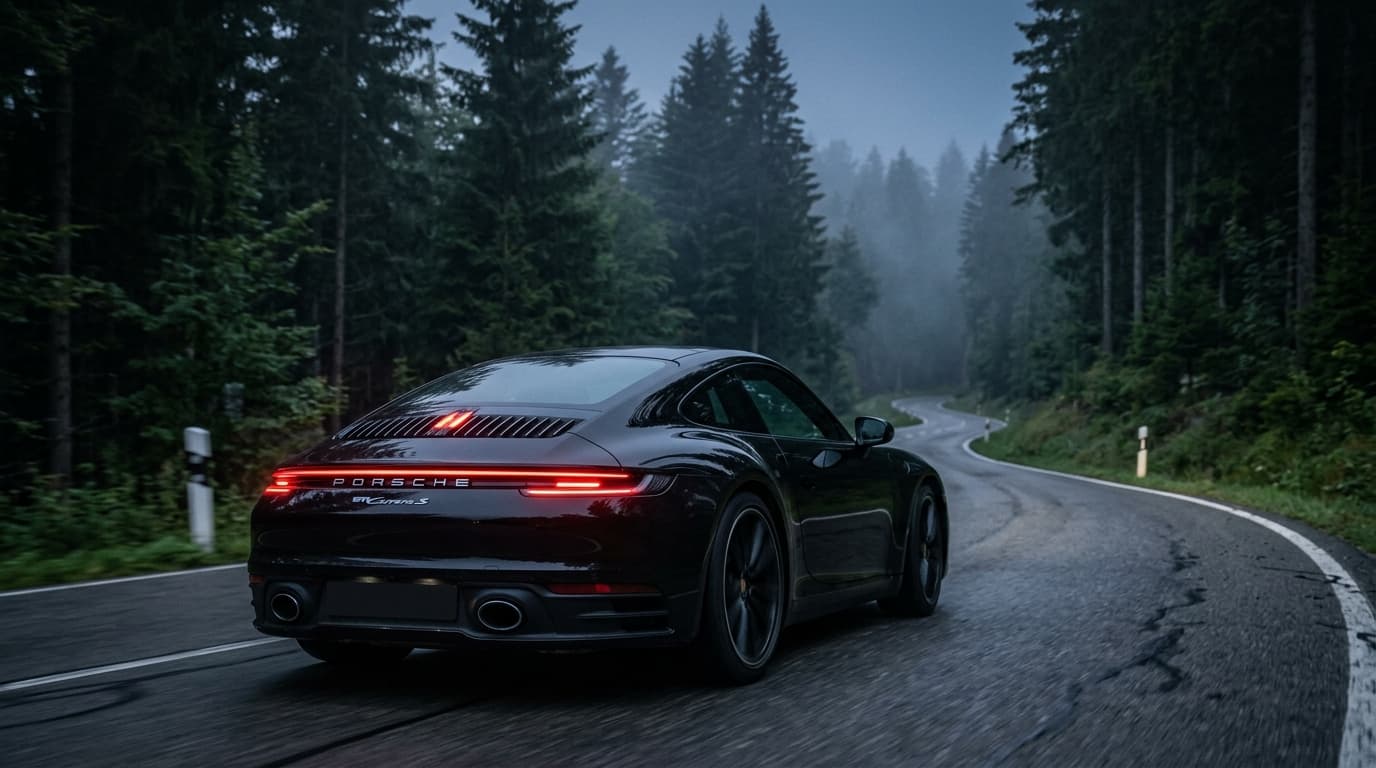 Black sports car on a forest road at dusk