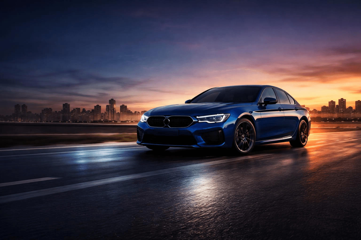 Blue car on the road with a city skyline at dusk
